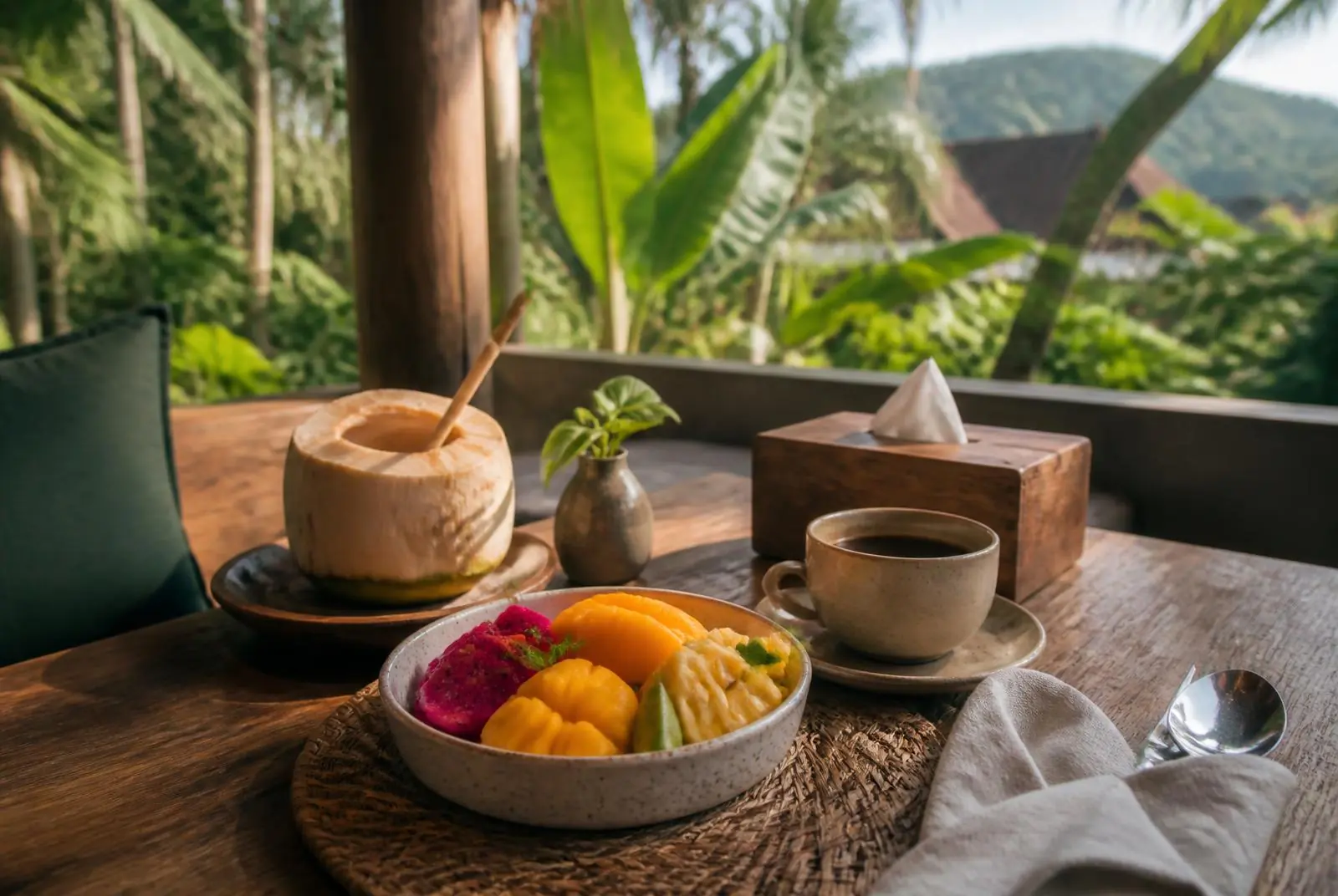 Ontbijt met vers fruit en koffie aan een houten tafel buiten