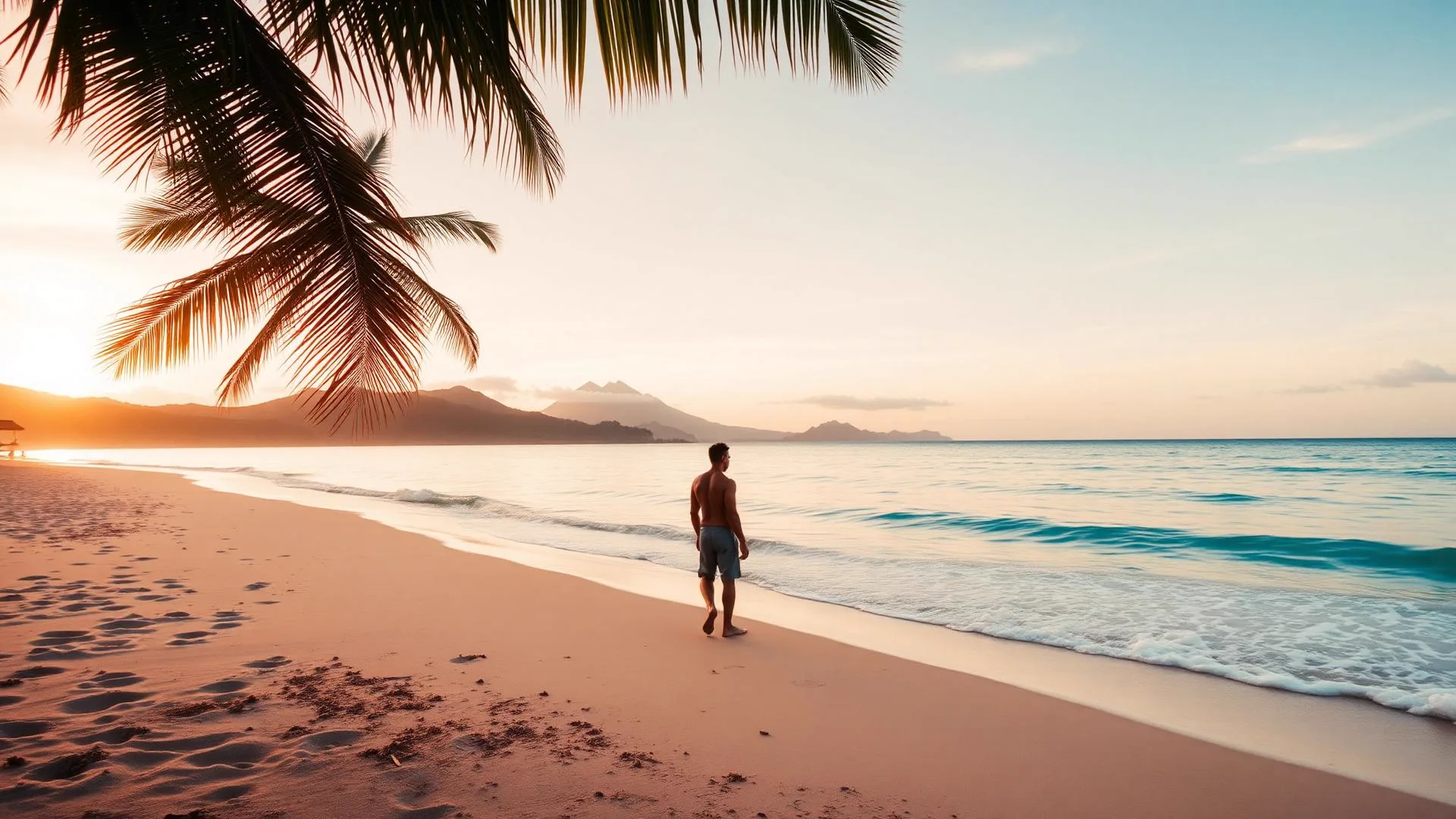 Man loopt alleen over een rustig strand op Lombok bij zonsopkomst