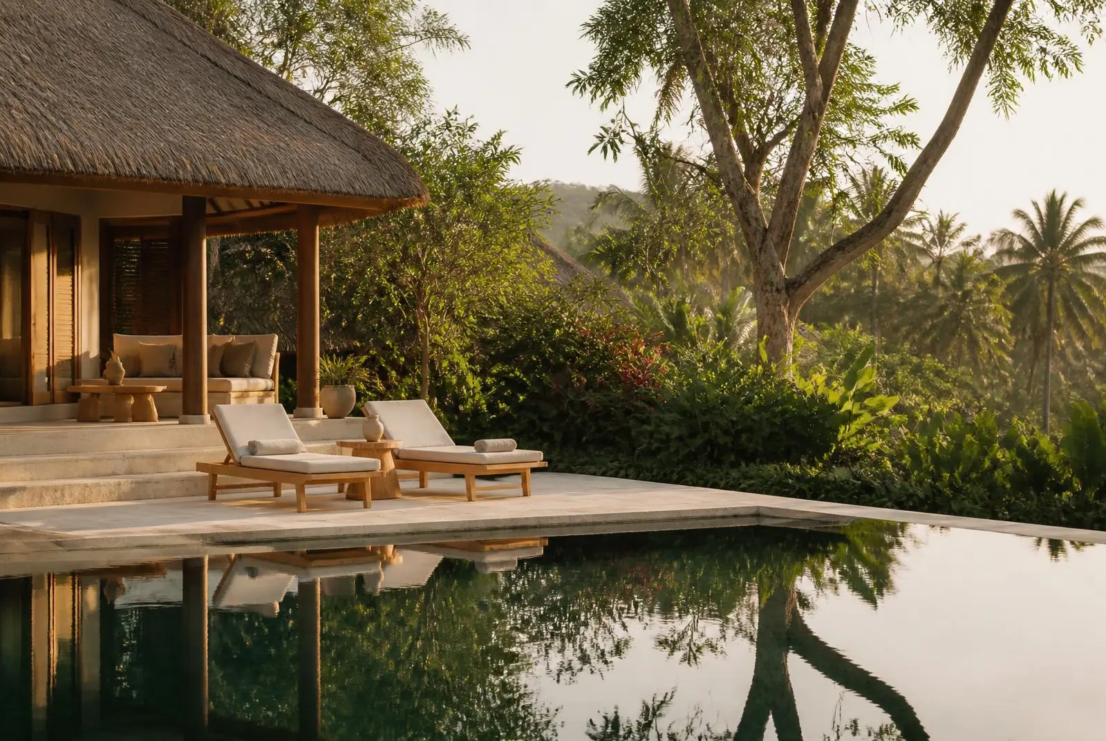 Zwembad en terras van een luxe accommodatie in Lombok